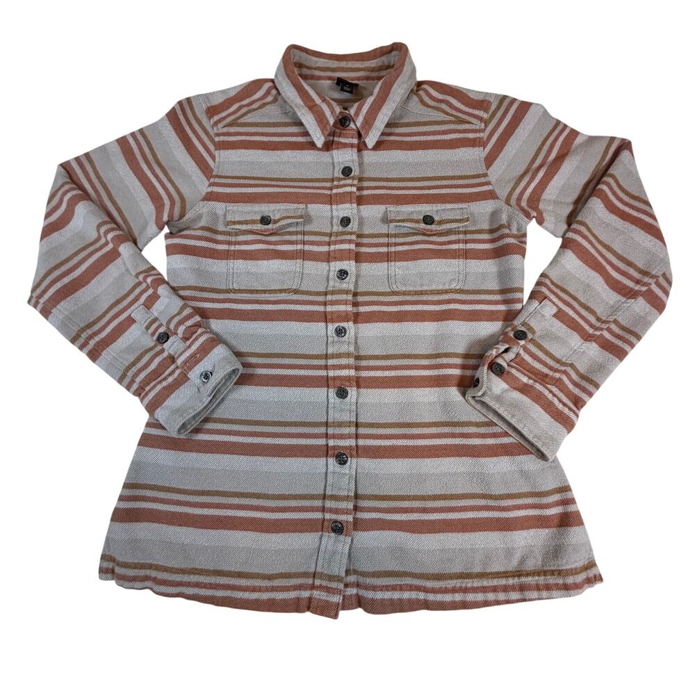 Patagonia Organic Cotton Flannel Long Sleeve Shirt Orange Gray Strip Women Sz 4